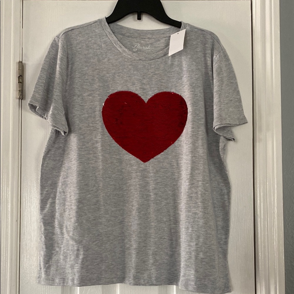 Fleurish Gray T-Shirt with Red Heart and silver heart